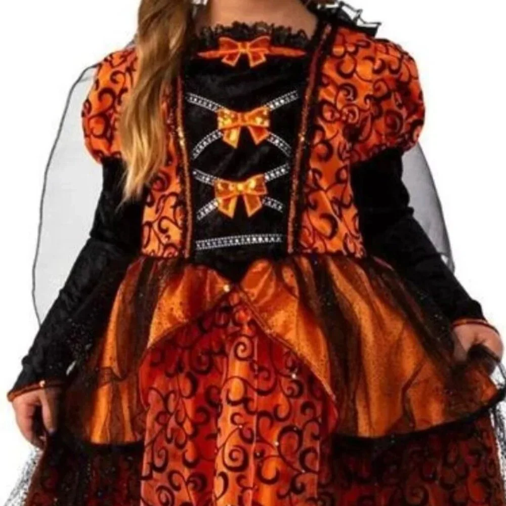 Witch Costume 3 Piece Set Tulle Dress Hat Cape GIRLS SIZE S 6-6X  Orange NEW